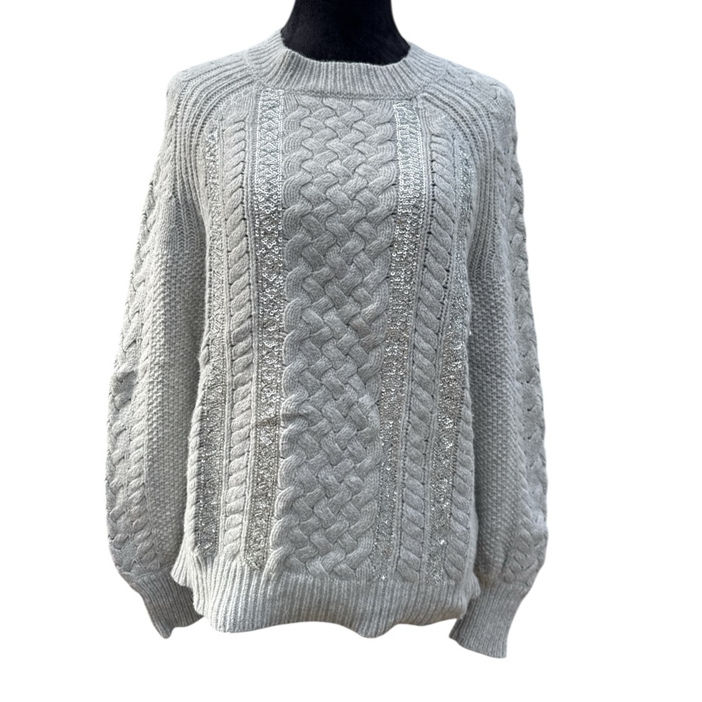 J.Crew‎ Merino Wool Cable Knit Sequin Sweater Gray Medium Holiday K4664